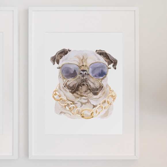 Watercolor Pug Pet Dog With Sunglasses Wall Art Illustration Print Poster Card U - Picture 7 of 7